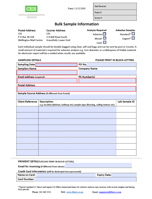 Asbestos Sample Forms, Air Monitoring Form, CES Wellington Asbestos
