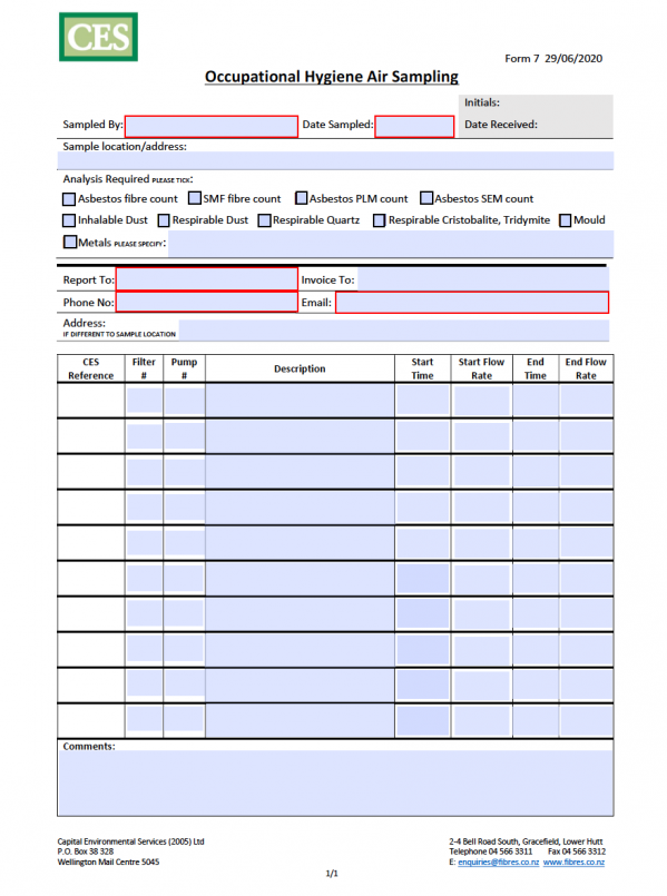 Asbestos Sample Forms, Air Monitoring Form, CES Wellington Asbestos